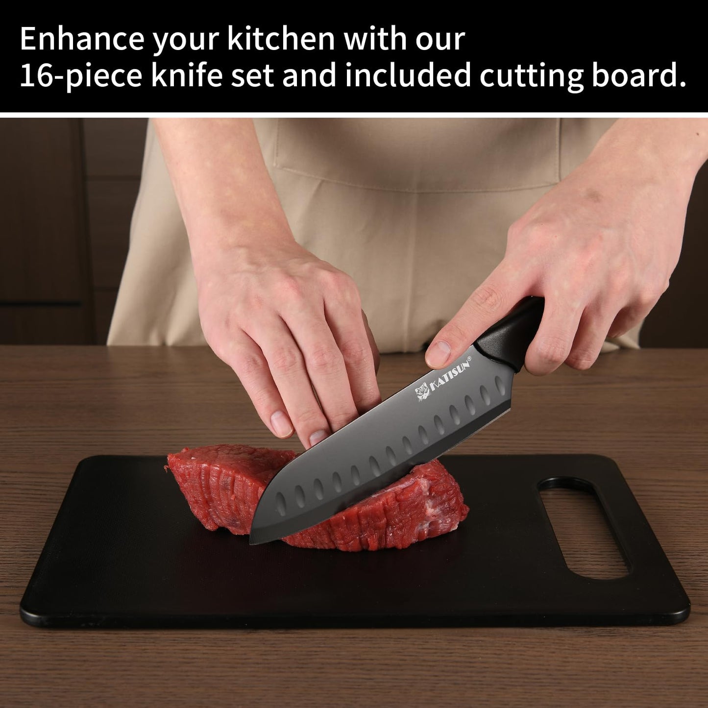 Person slicing red meat with a black German steel knife on a black cutting board.