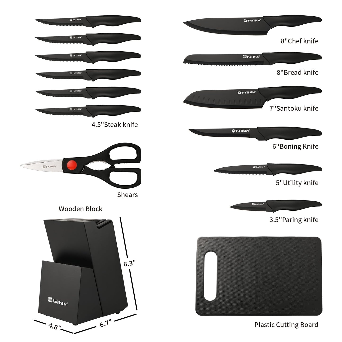 Black 16-piece German steel knife set with block, shears, and plastic cutting board.