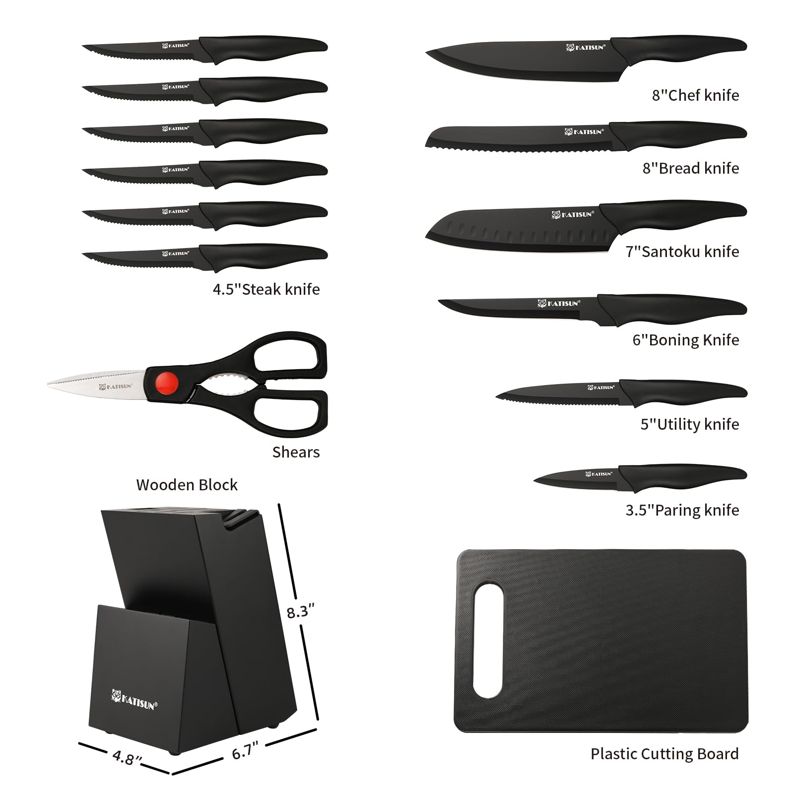 Black 16-piece German steel knife set with block, shears, and plastic cutting board.