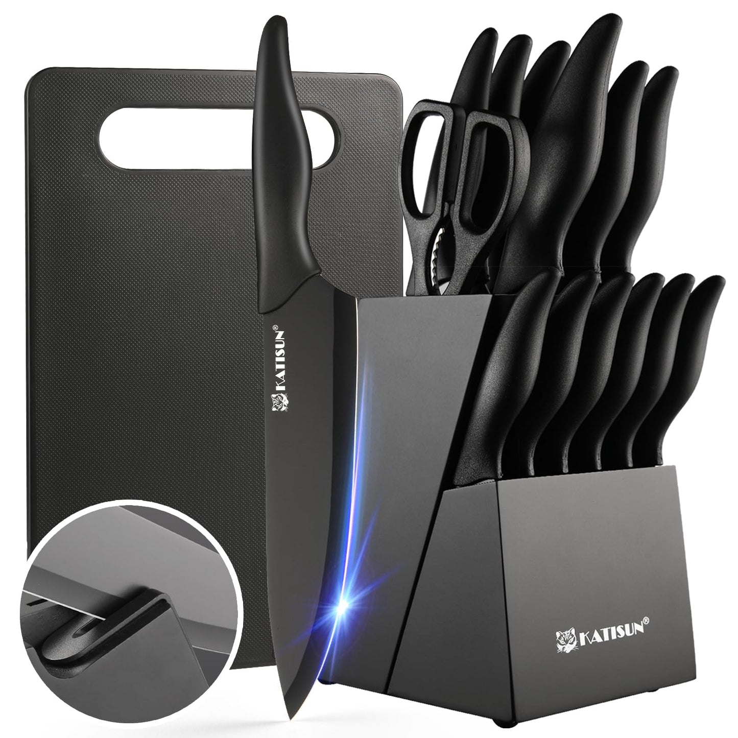 Black 16-piece German steel knife set with a sleek block, integrated sharpener, and matching cutting board.
