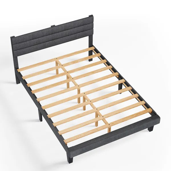 Queen "Modern Slate" upholstered bed frame with dark gray linen-inspired fabric and horizontal tufted headboard.