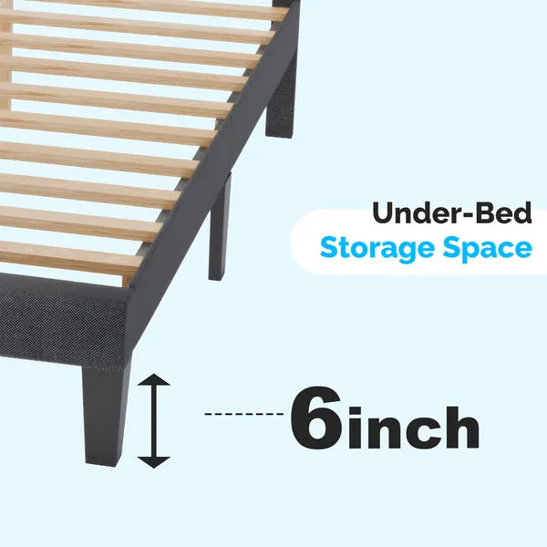 Dark gray linen-inspired upholstered bed frame with wood slats, showing 6-inch under-bed storage space.