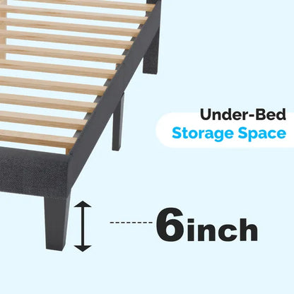 Dark gray linen-inspired upholstered bed frame with wood slats, showing 6-inch under-bed storage space.