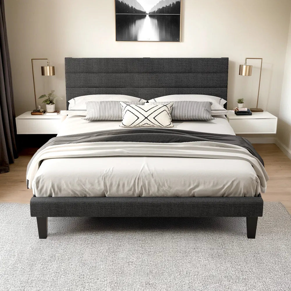 Queen "Modern Slate" upholstered bed with dark gray linen-inspired horizontal tufted headboard.