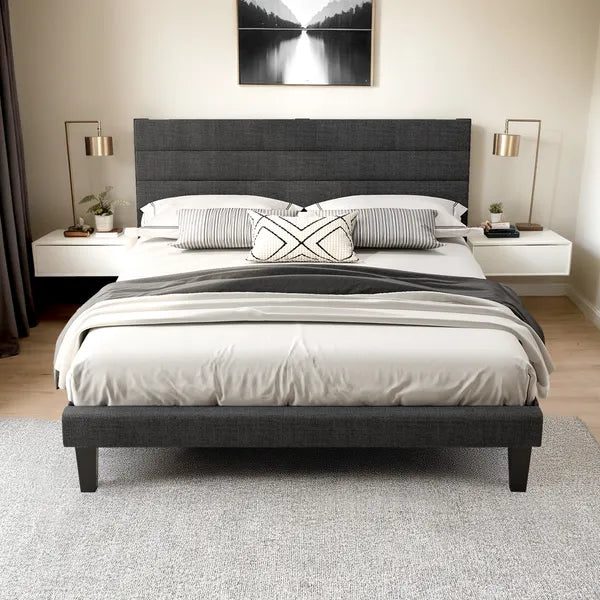 Modern Slate Queen upholstered bed with dark gray linen-inspired horizontal tufted headboard.