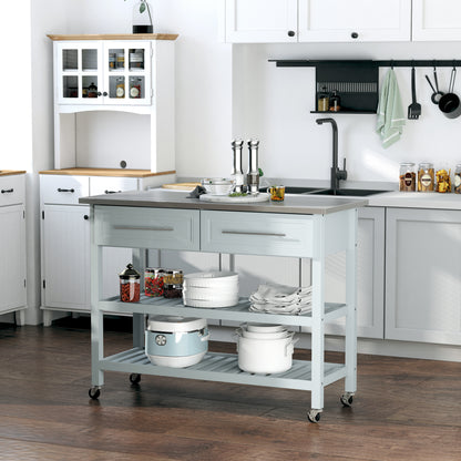 Light gray kitchen island with stainless steel top, two drawers, and two-tier open shelving on wheels.