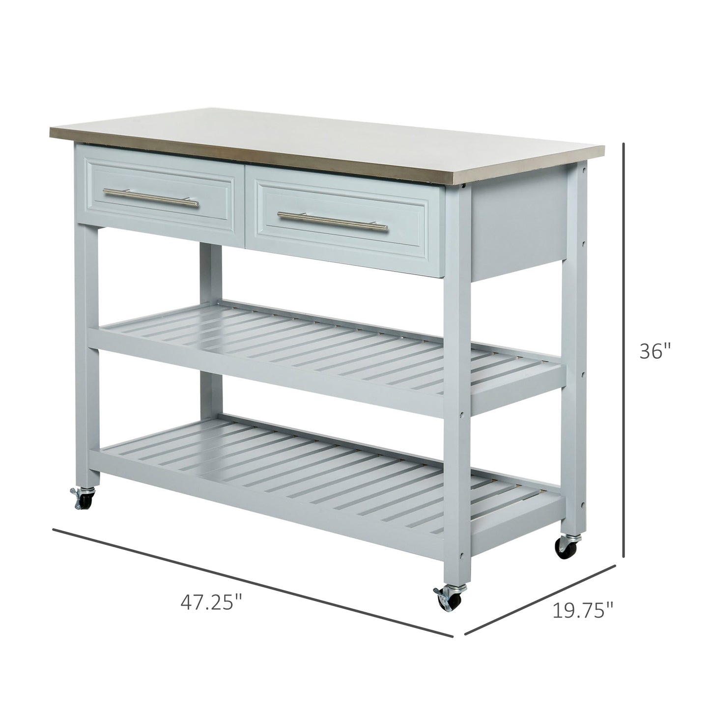 Light gray kitchen island with stainless steel top, two drawers, and two slatted open shelves on wheels.