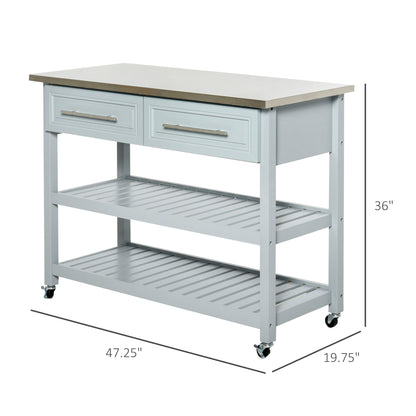 Light gray kitchen island with stainless steel top, two drawers, and two slatted open shelves on wheels.
