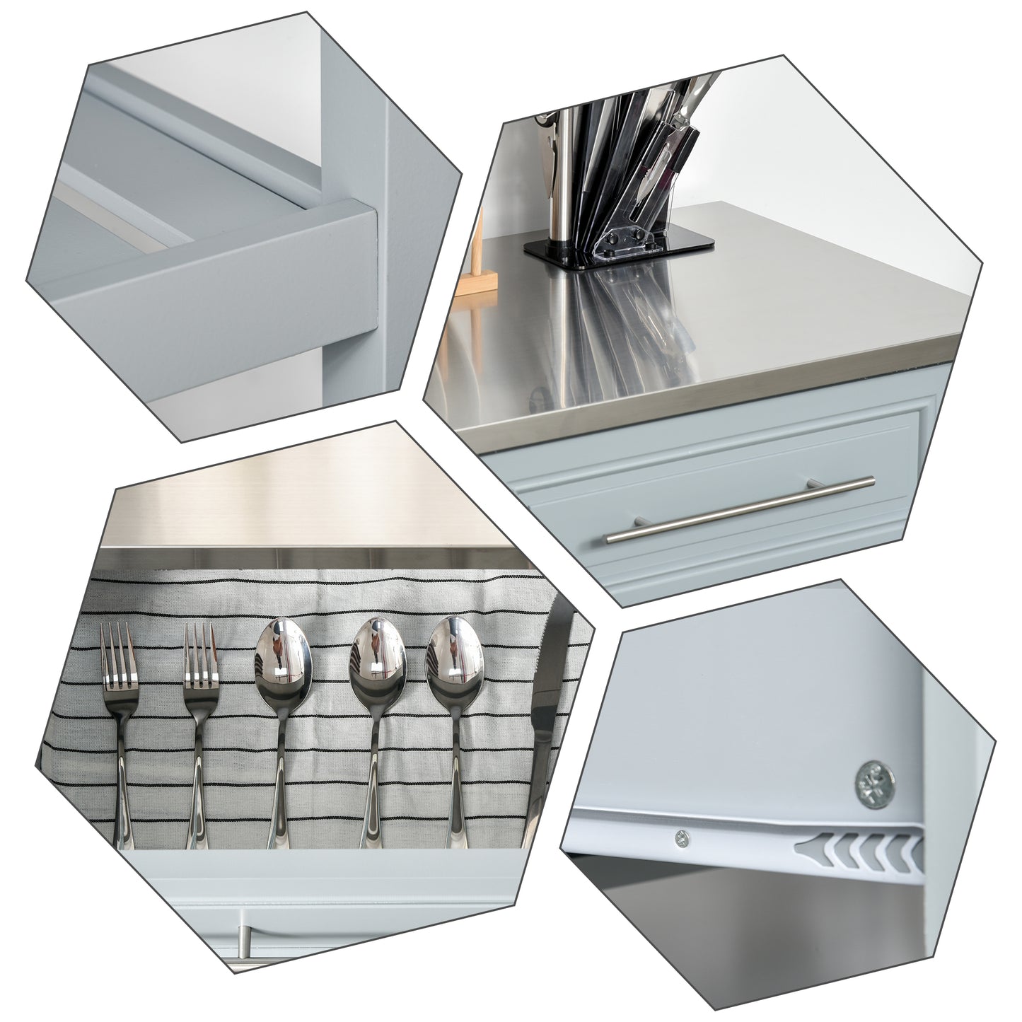 Light gray wood kitchen island with stainless steel top, deep drawer, and open shelving detail.