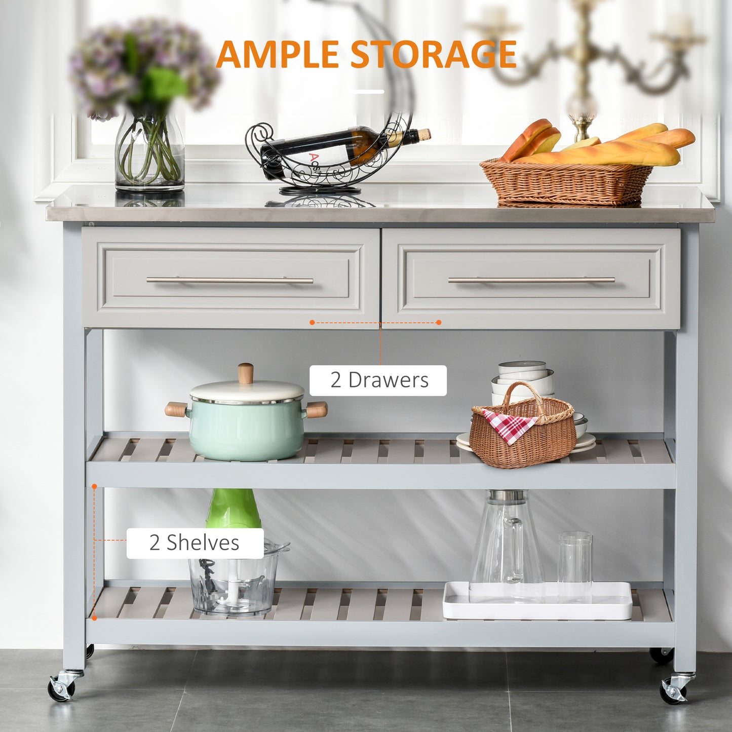 Light gray kitchen island with stainless steel top, two drawers, and two open slatted shelves on wheels.