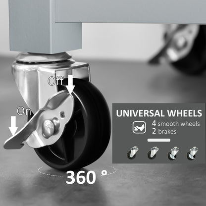 Close-up of a black universal wheel with a silver locking mechanism, showing "On" and "Off" positions.