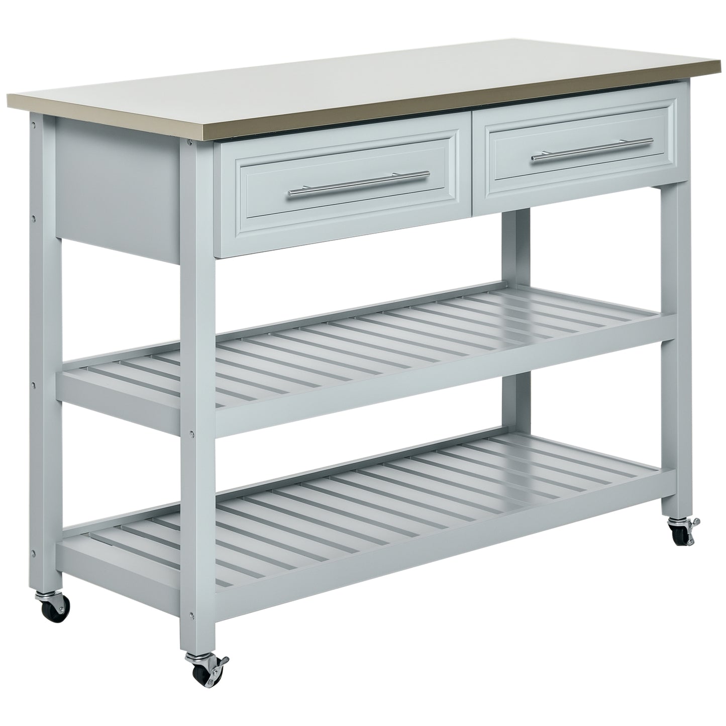 Light gray kitchen island with stainless steel top, two drawers, and two-tier slatted open shelving on wheels.