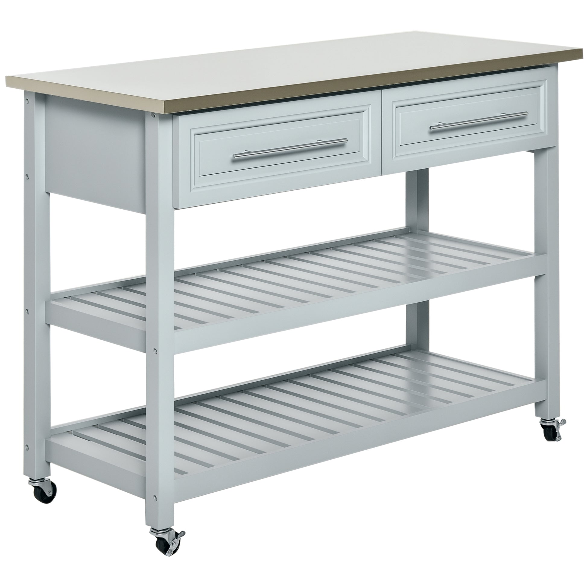 Light gray kitchen island with stainless steel top, two drawers, and two-tier slatted open shelving on wheels.