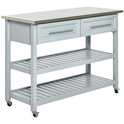 Light gray kitchen island with stainless steel top, two drawers, and two-tier slatted open shelving on wheels.