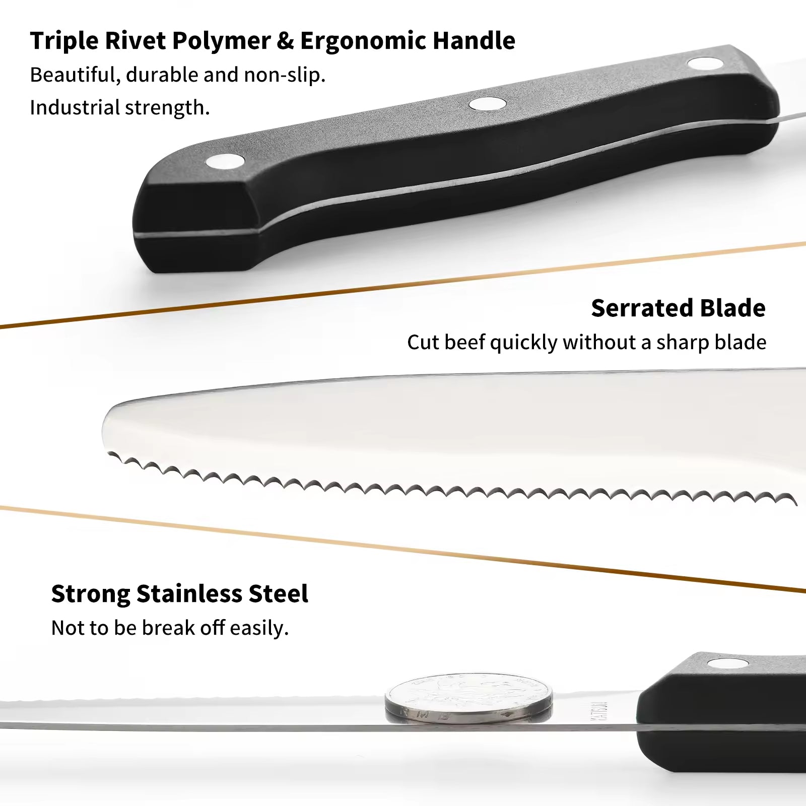 Close-up of a knife with a black triple-rivet polymer handle, serrated high-carbon stainless steel blade, and strong stainless steel construction.