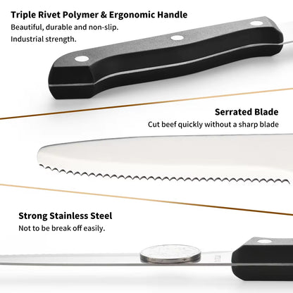 Close-up of a knife with a black triple-rivet polymer handle, serrated high-carbon stainless steel blade, and strong stainless steel construction.