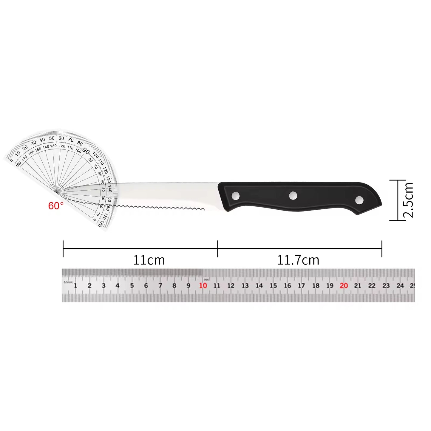 Silver serrated knife with black ABS handle, showing 60° angle and dimensions: 11cm blade, 11.7cm handle, 2.5cm height.