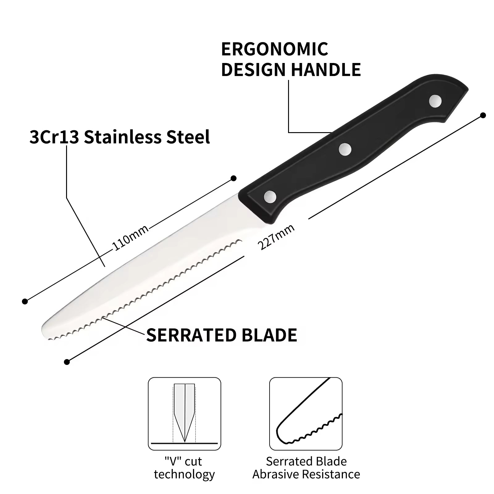 Serrated 3Cr13 stainless steel knife with black ergonomic ABS handle, 227mm total length.
