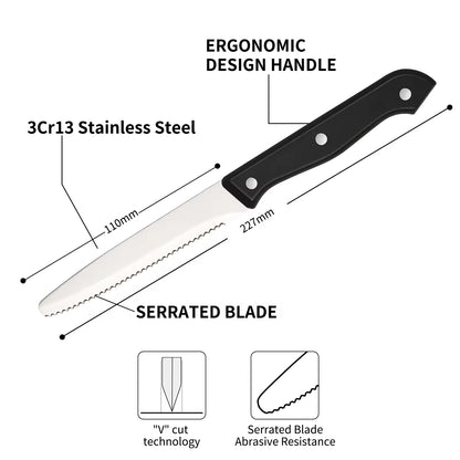 Serrated 3Cr13 stainless steel knife with black ergonomic ABS handle, 227mm total length.