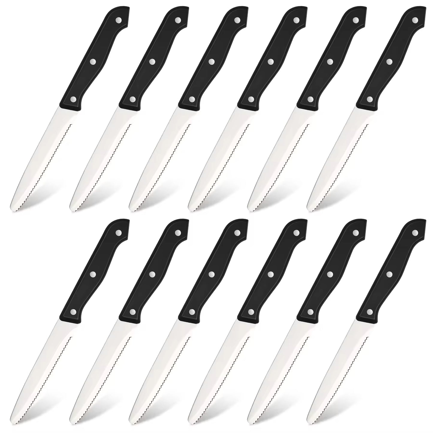 Twelve high-carbon stainless steel steak knives with black ergonomic ABS handles and serrated blades.