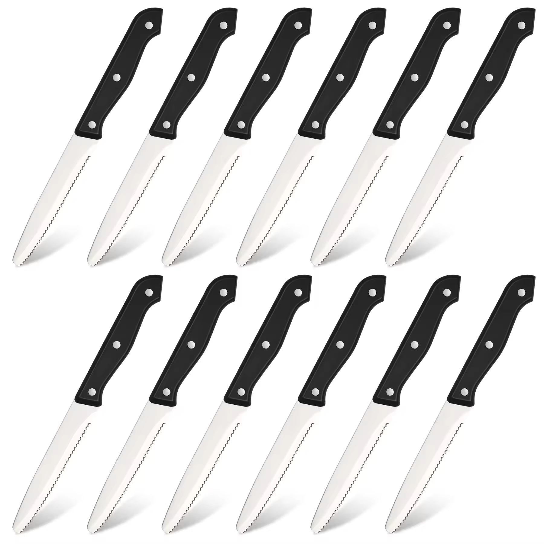 Twelve high-carbon stainless steel steak knives with black ergonomic ABS handles and serrated blades.
