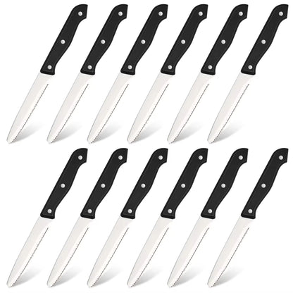 Twelve high-carbon stainless steel steak knives with black ergonomic ABS handles and serrated blades.