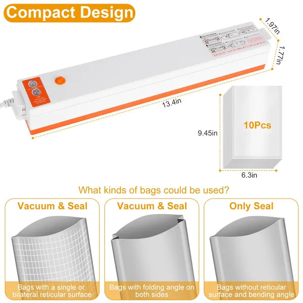 White and orange compact automatic vacuum sealer with dimensions, 10 sealing bags, and bag compatibility guide.