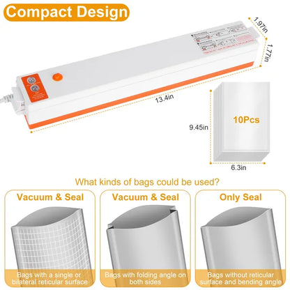 White and orange compact automatic vacuum sealer with dimensions, 10 sealing bags, and bag compatibility guide.