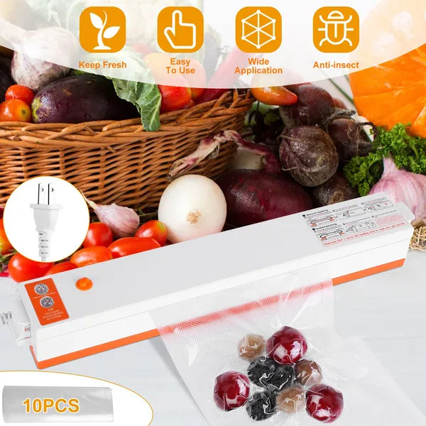 White and orange automatic dry & wet vacuum sealer with a bag of berries, surrounded by fresh produce.