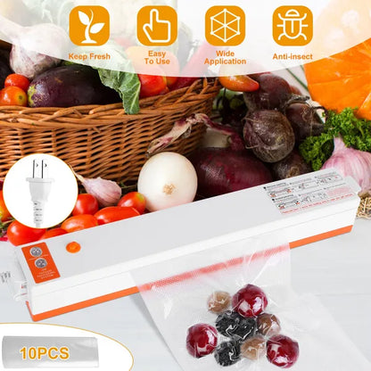 White and orange automatic dry & wet vacuum sealer with a bag of berries, surrounded by fresh produce.
