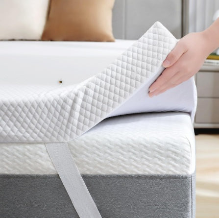 White quilted mattress protector with elastic straps being lifted by a hand, showing its heavy-duty, skid-resistant design.
