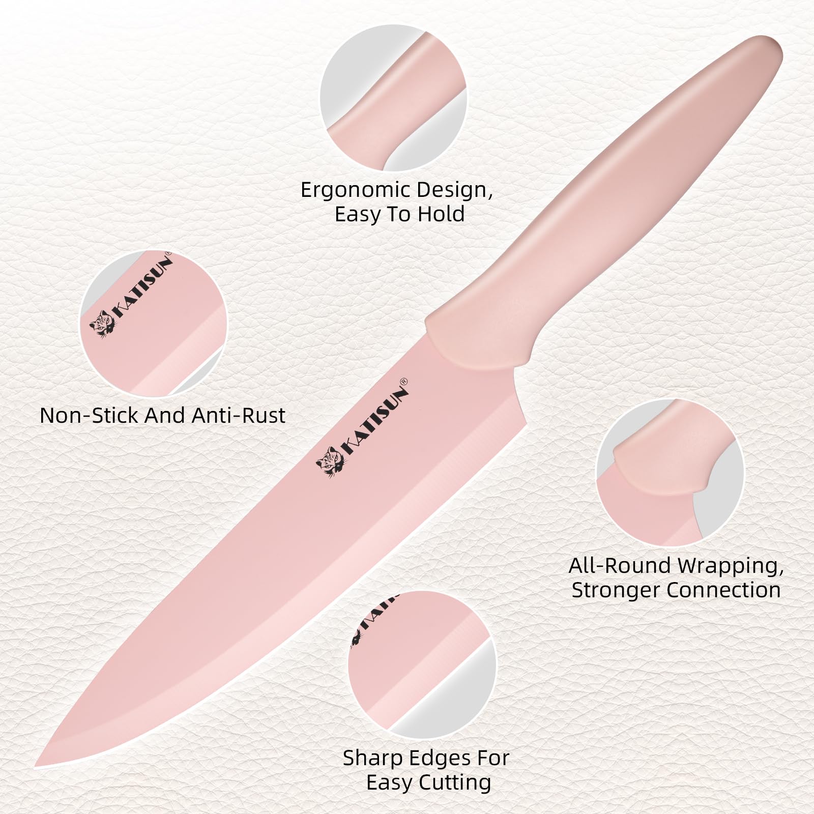 Pink stainless steel knife with ergonomic handle, non-stick blade, and sharp edges.