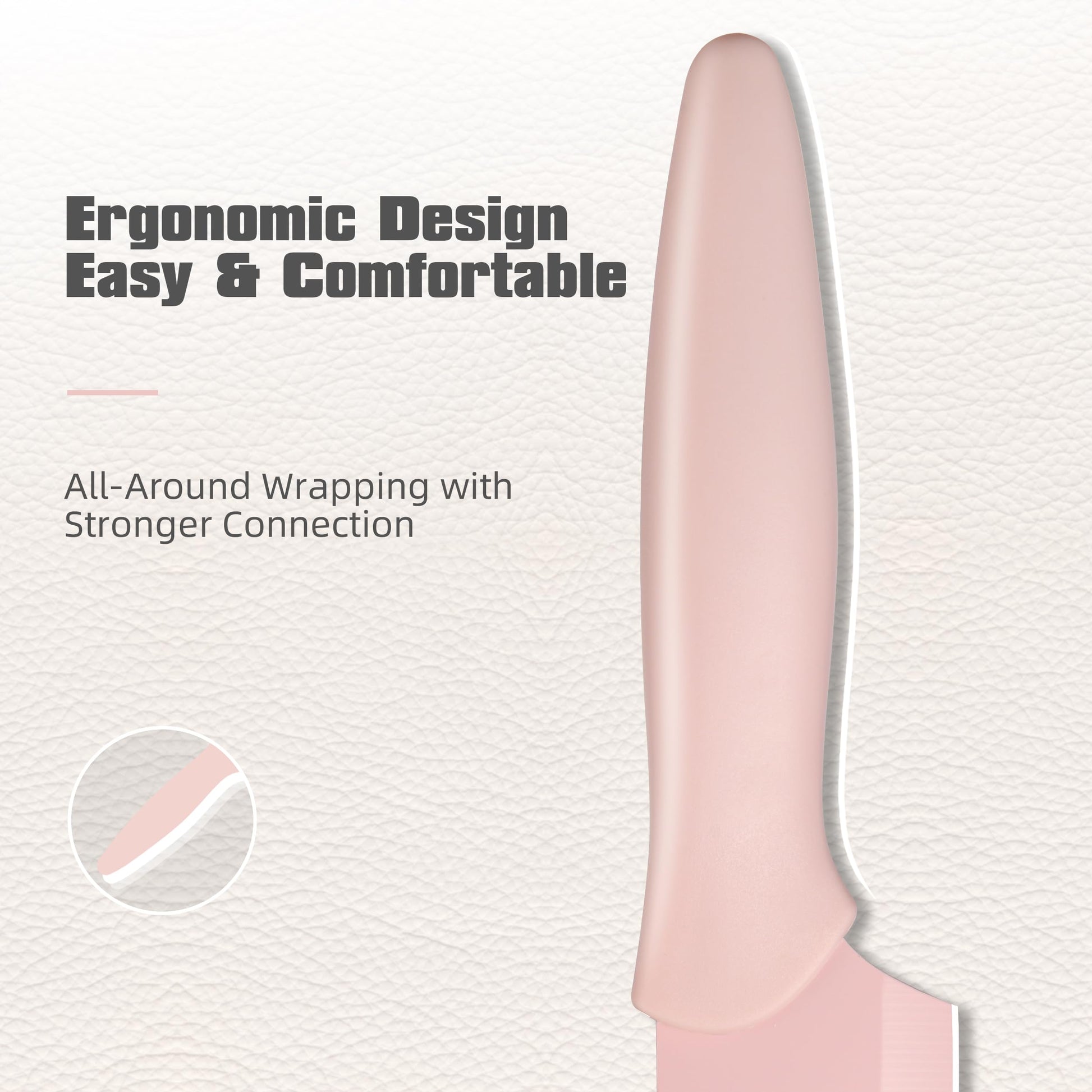 Close-up of a pink ergonomic knife handle showing its comfortable, all-around wrapped design.