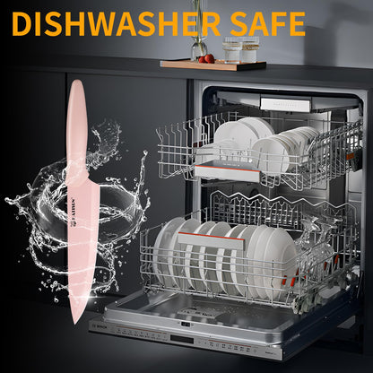 Pink stainless steel knife with water splashes, in front of an open dishwasher filled with white plates.