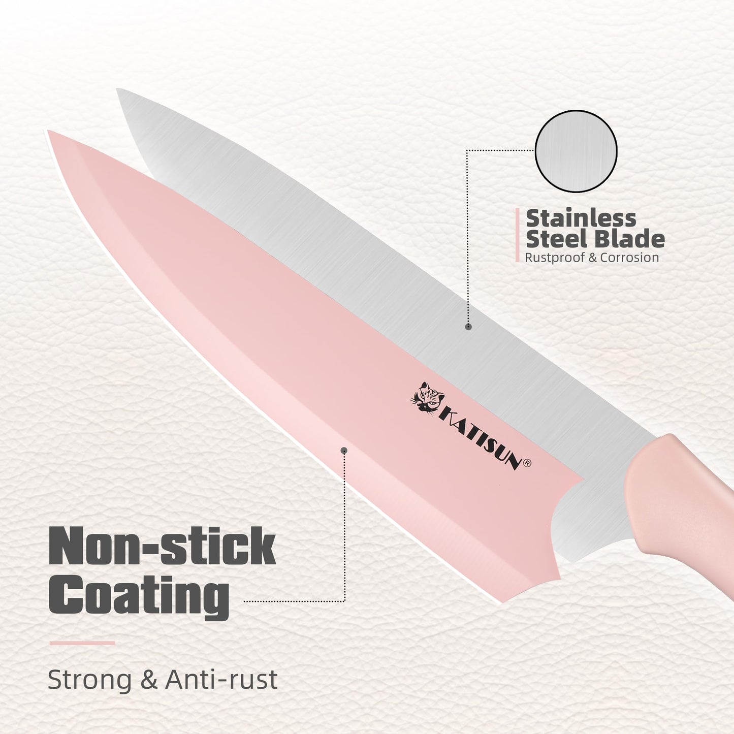 Pink non-stick coated stainless steel knife blade with a silver steel blade shown for comparison.