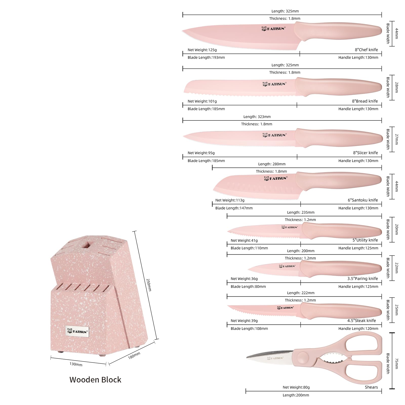 Pink stainless steel knife set with matching speckled wooden block and shears, showing dimensions.