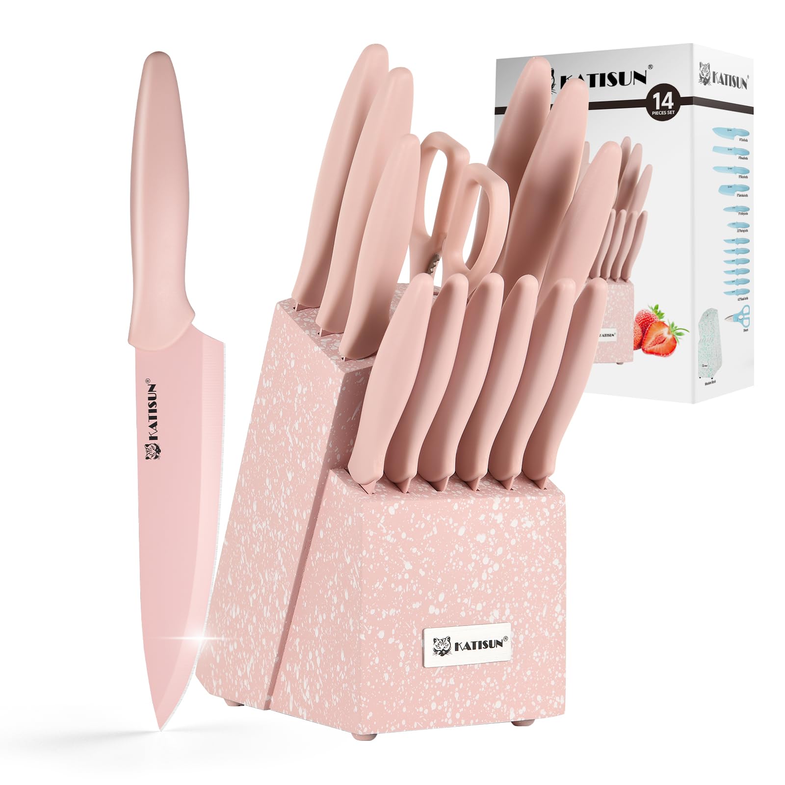 14-piece Rosé Suite knife set with pink stainless steel blades, matching speckled block, and gift box.