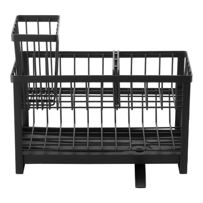 Sleek black metal kitchen sink caddy with two compartments and a removable utensil holder.