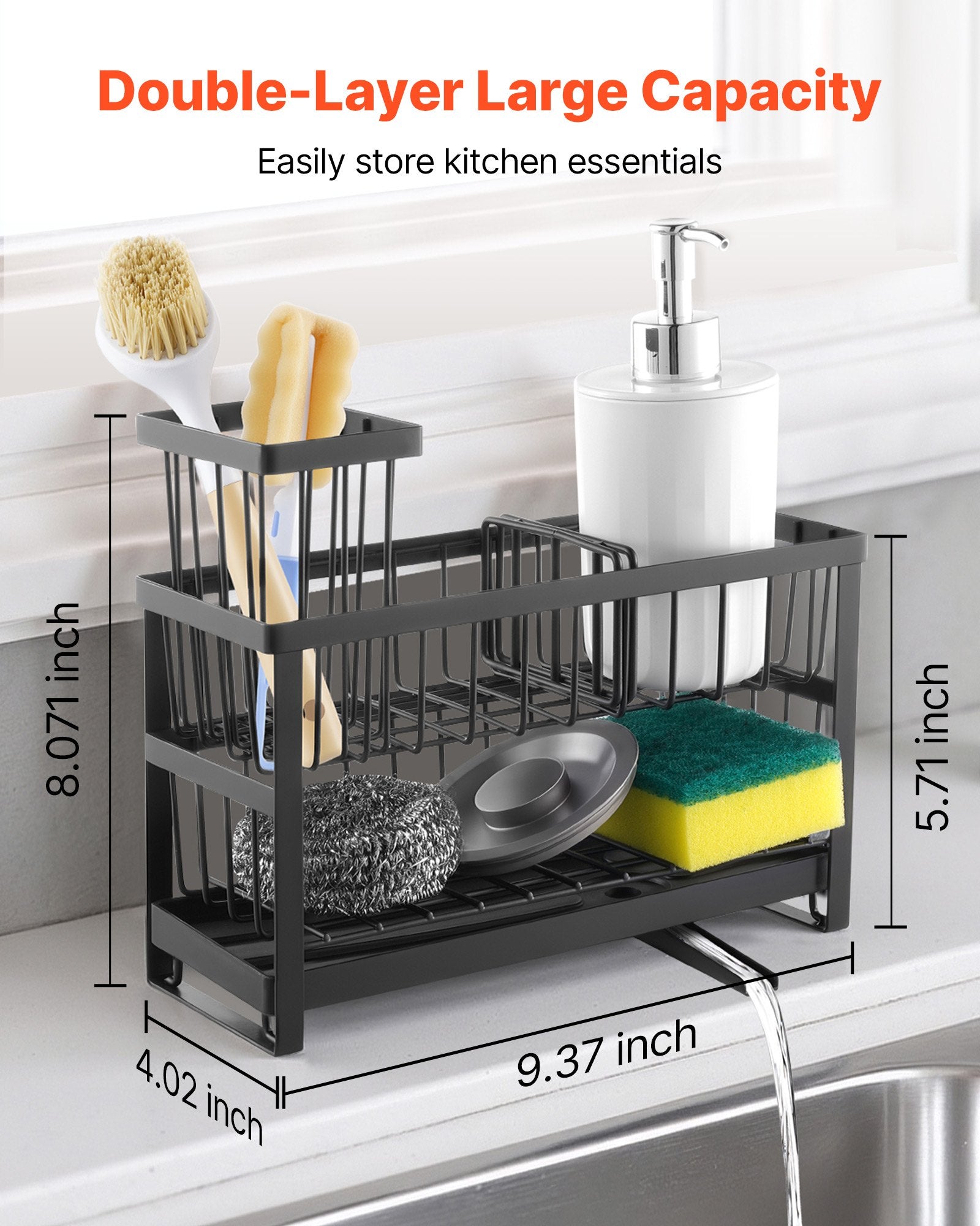 Black metal wire sink caddy with two tiers, holding sponges, brush, and soap dispenser.