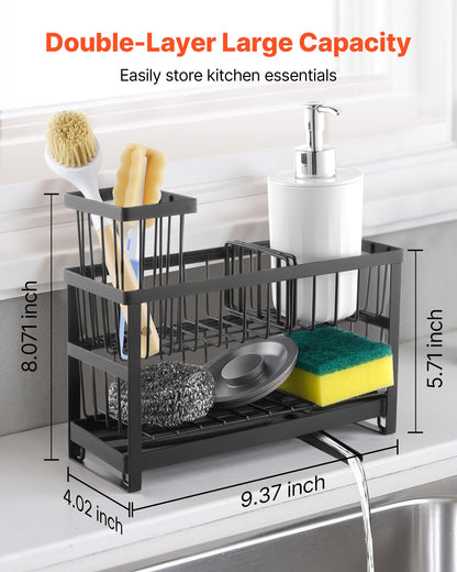 Black metal wire sink caddy with two tiers, holding sponges, brush, and soap dispenser.