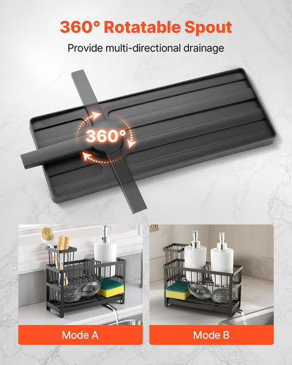 Black metal Sink Sanctuary caddy with quick-dry design, holding sponges, brushes, and soap dispensers.