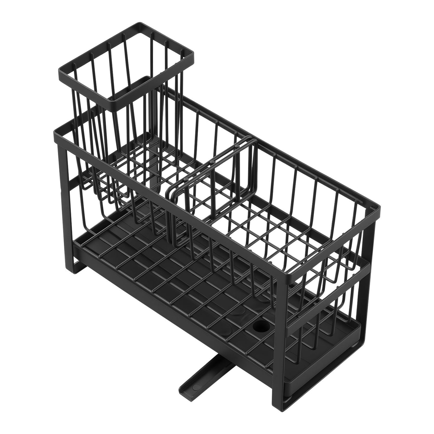 Black metal wire sink caddy with two compartments and a removable drip tray.