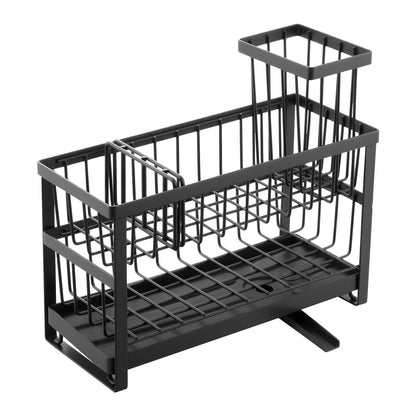 Black metal kitchen sink caddy with multiple compartments for sponges, brushes, and soap, featuring a quick-dry design.