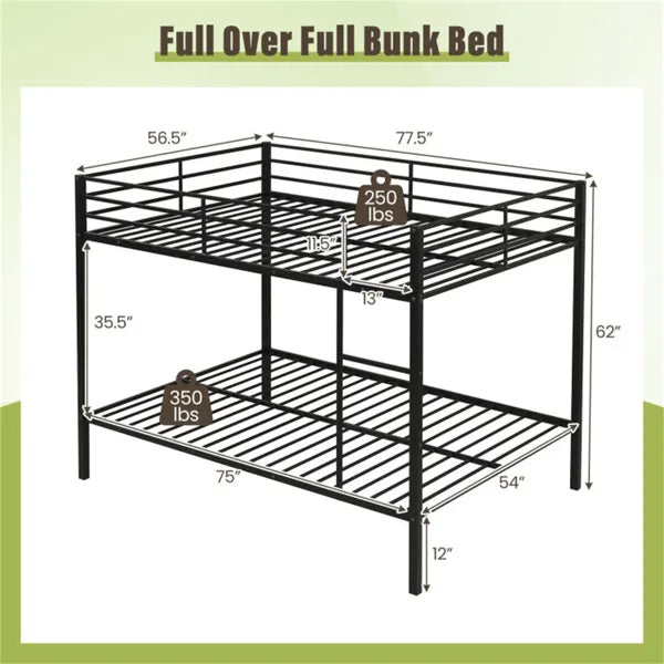 Black heavy-duty metal full over full bunk bed with guardrails, integrated ladder, and dimensions.