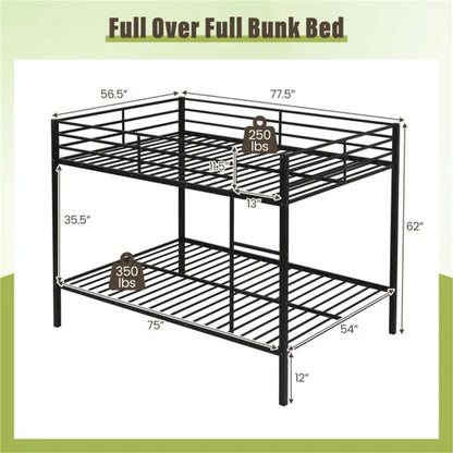 Black heavy-duty metal full over full bunk bed with guardrails, integrated ladder, and dimensions.