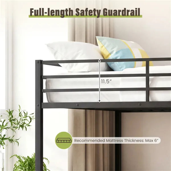 Close-up of a matte black heavy-duty metal bunk bed's top bunk with a 11.5" full-length safety guardrail.