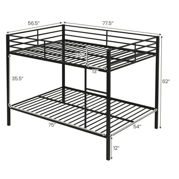 Black heavy-duty metal bunk bed with full-length guardrails and dimensions shown.