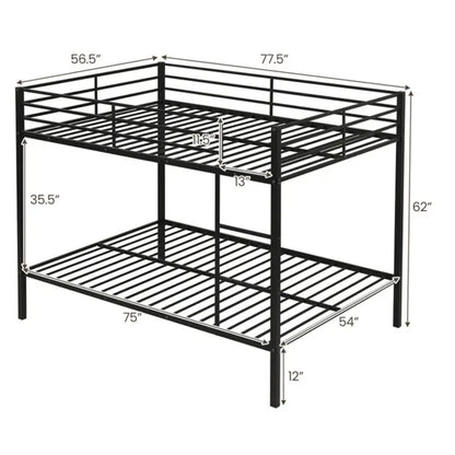 Black heavy-duty metal bunk bed with full-length guardrails and dimensions shown.