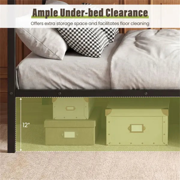 Matte black heavy-duty metal bunk bed frame with 12-inch under-bed clearance for storage boxes.