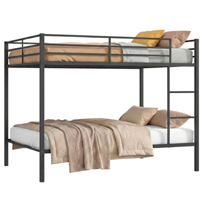 Matte black heavy-duty metal bunk bed with full-length guardrails, integrated ladder, and 12-inch under-bed clearance.